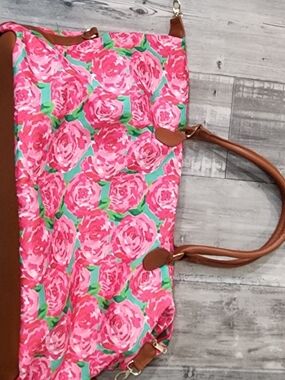 Floral Pink Weekender Bag with Brown Faux-Leather Handles